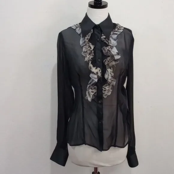 Just Cavalli Sheer Black Silk Blouse with Leopard Ruffle & Satin Trim - 44 / L - Picture 3 of 11